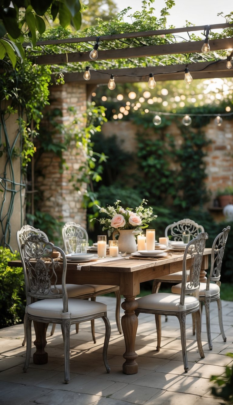 Outdoor dining table with chairs in a backyard surrounded by plants and stone walls under soft sunlight.