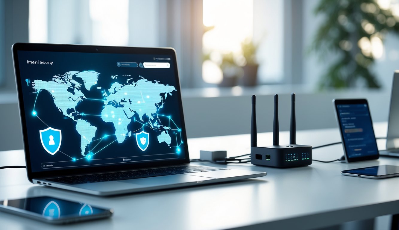 Una scrivania moderna con un laptop che mostra una mappa digitale con connessioni di rete e icone di protezione, circondata da dispositivi tecnologici in un ufficio contemporaneo.