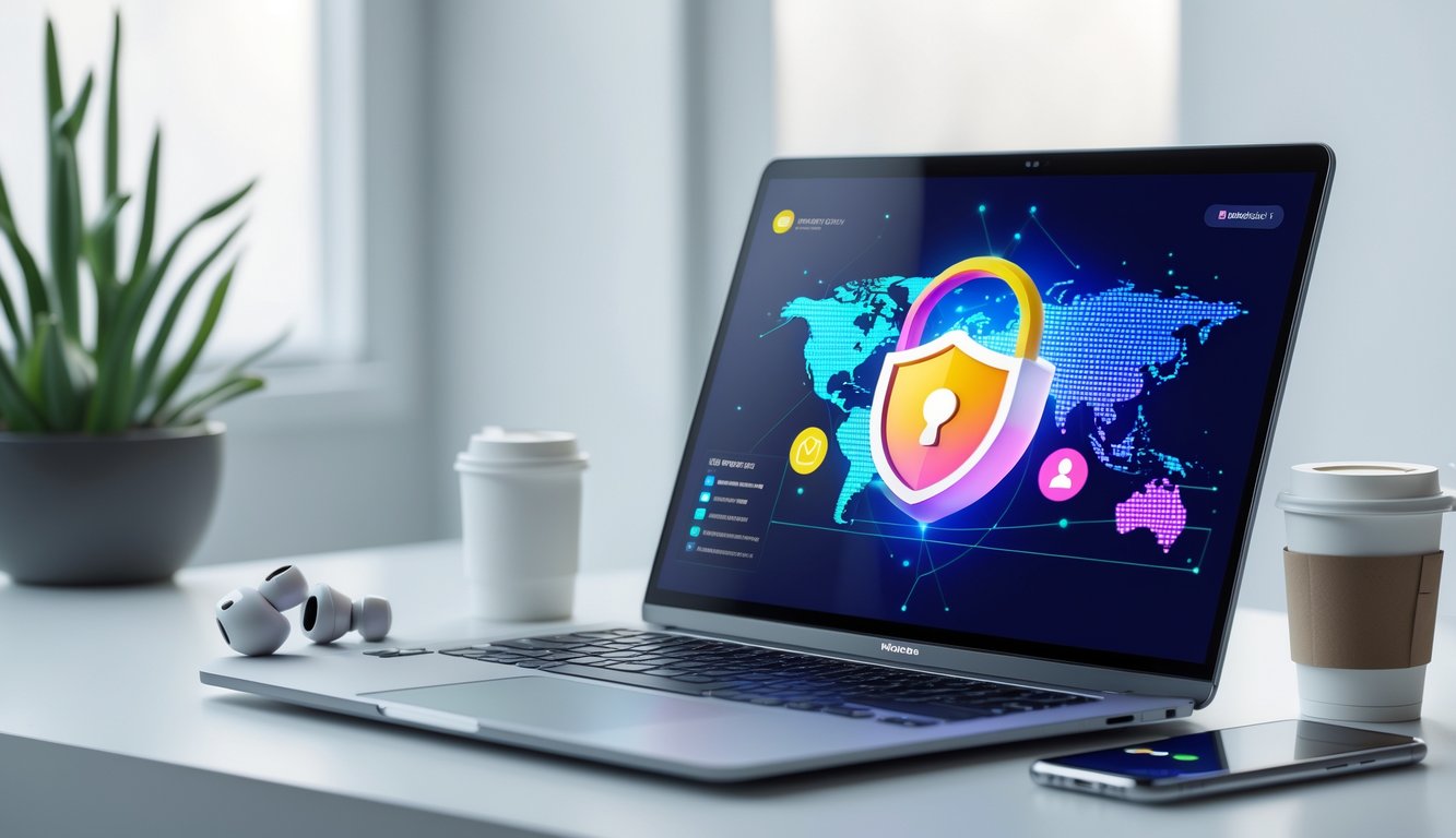 Una postazione di lavoro moderna con un laptop che mostra un'interfaccia VPN colorata, circondato da accessori tecnologici su una scrivania luminosa.