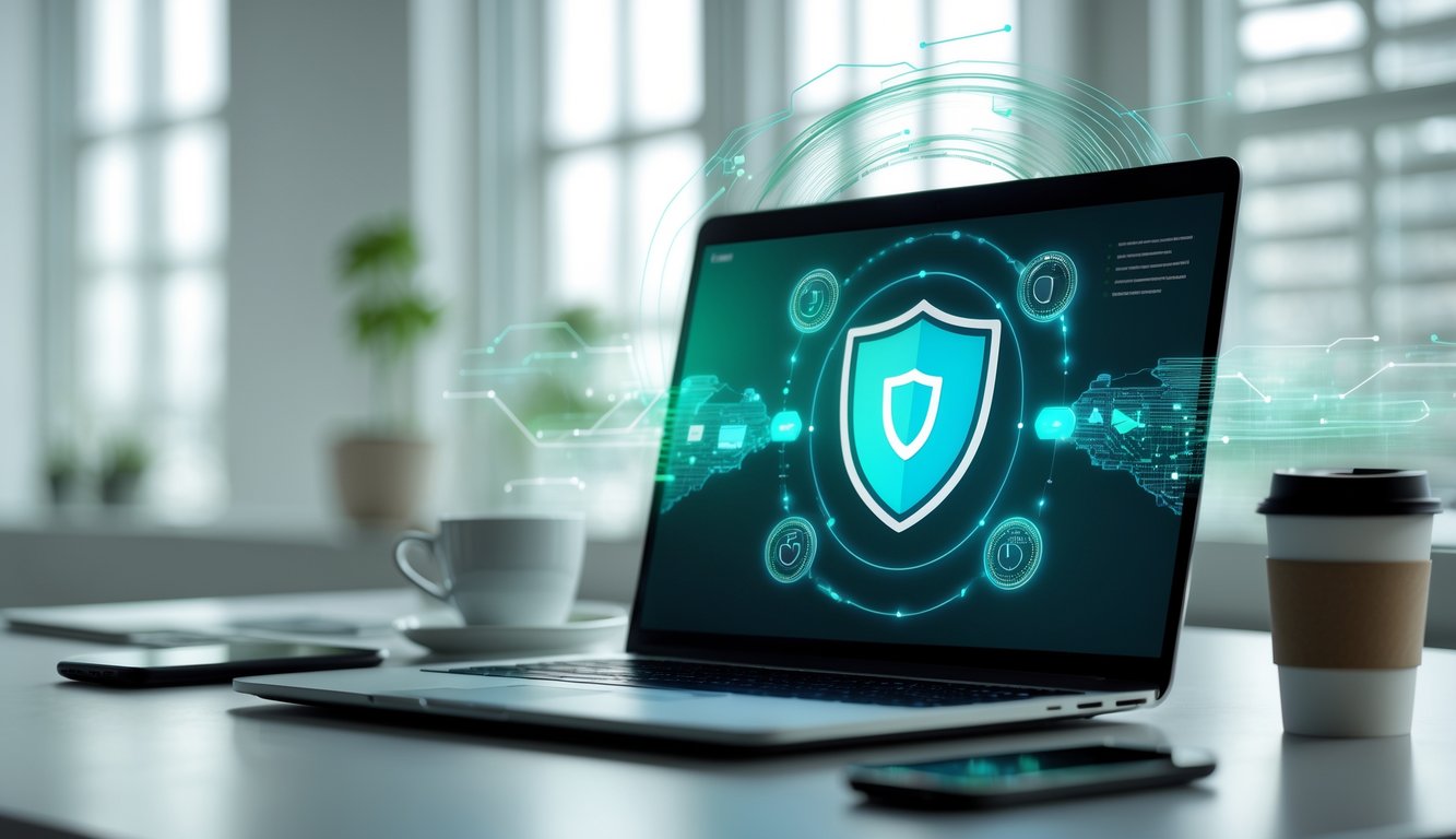 Una scrivania moderna con un laptop che mostra un'icona di scudo digitale, simbolo di protezione VPN, in un ambiente d'ufficio pulito e luminoso.