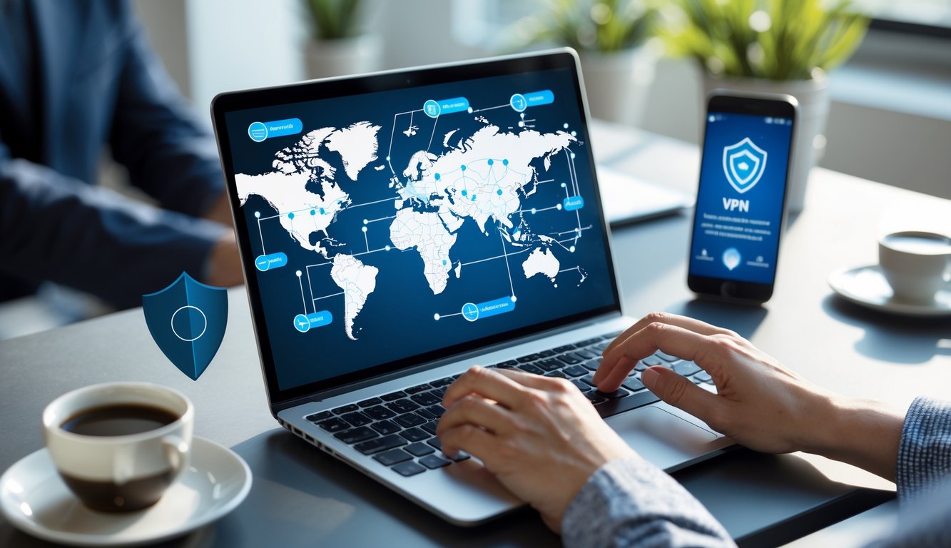 Una persona che utilizza un laptop su una scrivania moderna con simboli di sicurezza internet visibili sullo schermo.