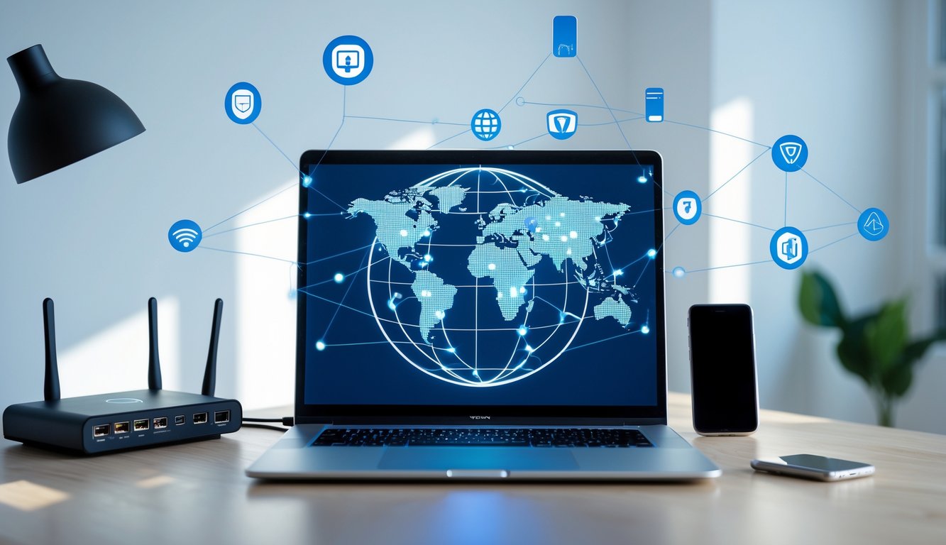 Una postazione di lavoro moderna con un laptop che mostra una rete digitale globale, circondato da dispositivi tecnologici e icone di sicurezza.