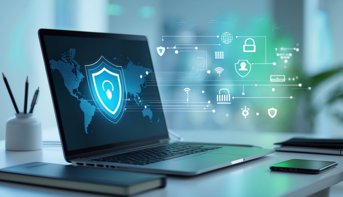Una scrivania moderna con un laptop che mostra un'icona di scudo digitale, simbolo di protezione VPN, con elementi visivi di rete e sicurezza sullo sfondo.