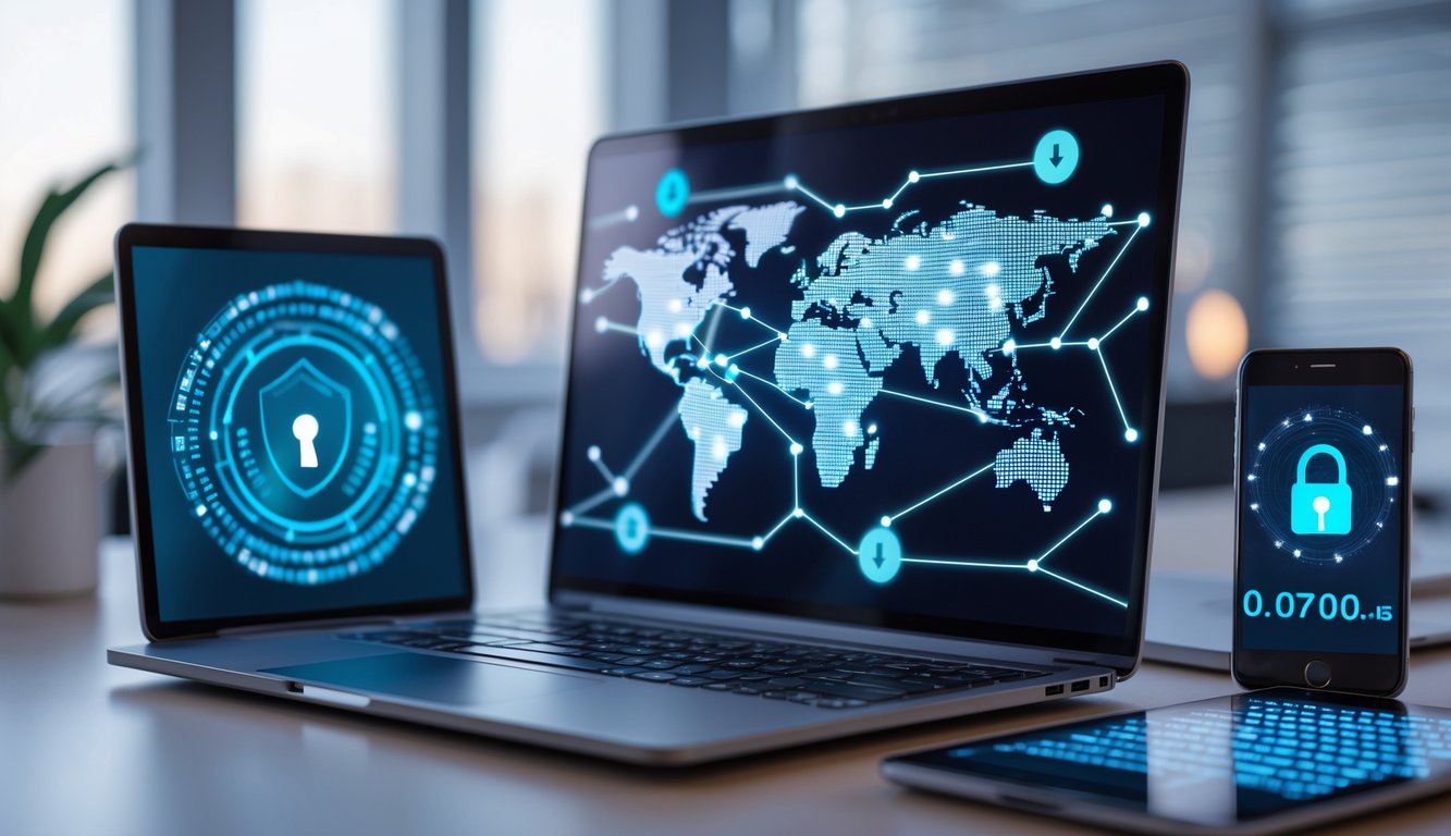 Un ambiente di lavoro moderno con un laptop che mostra una mappa digitale del mondo e dispositivi tecnologici che rappresentano la sicurezza online.