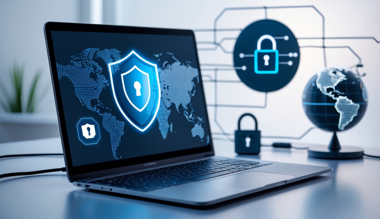 Una postazione di lavoro moderna con un laptop che mostra un'icona di scudo digitale, simbolo di protezione VPN, con elementi di sicurezza informatica sullo sfondo.