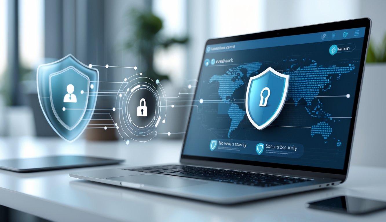 Una postazione di lavoro moderna con un laptop che mostra una connessione VPN sicura e simboli digitali di sicurezza informatica.