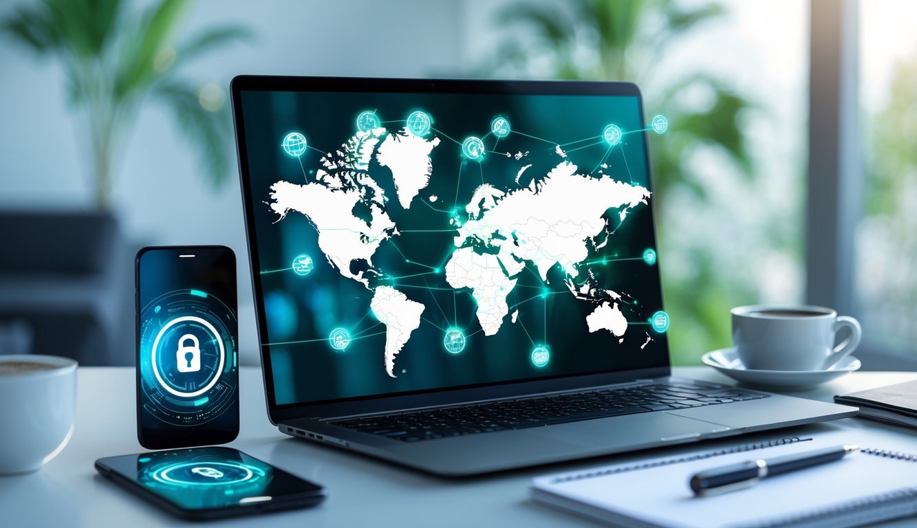 Una postazione di lavoro moderna con un laptop che mostra una mappa digitale con punti di connessione sicura, uno smartphone con icona di connessione protetta, una tazza di caffè e un blocco note su un tavolo ordinato.