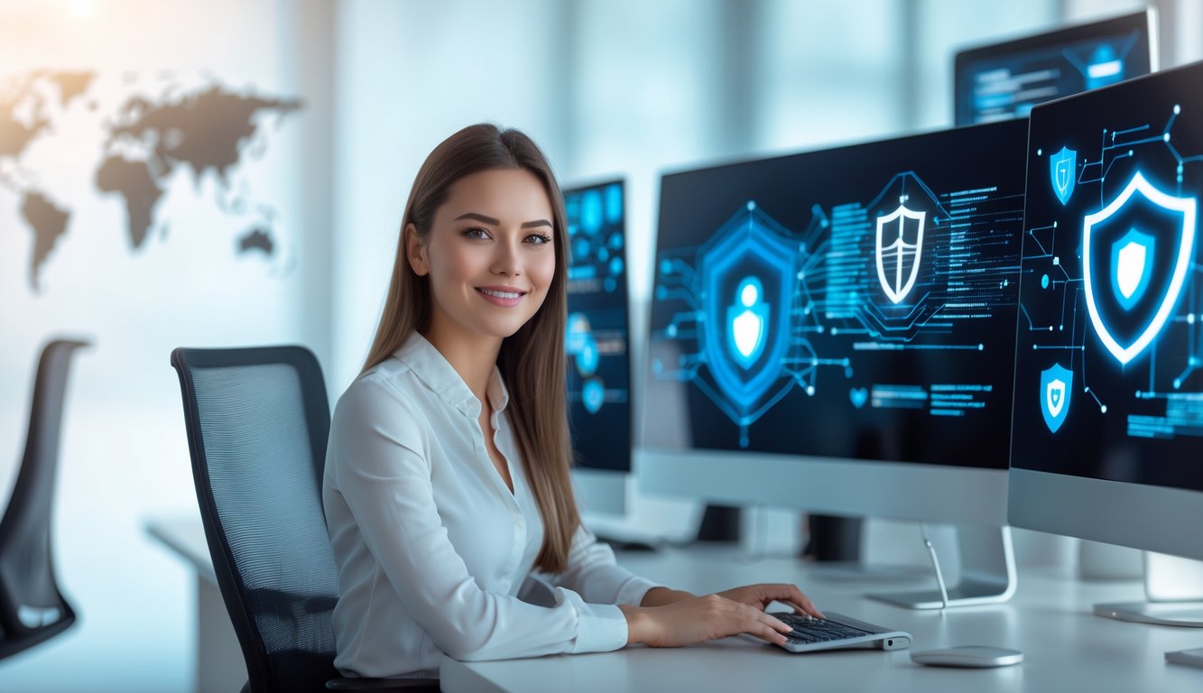 Una donna seduta a una scrivania con più schermi di computer che mostrano grafici di sicurezza informatica in un ufficio moderno.