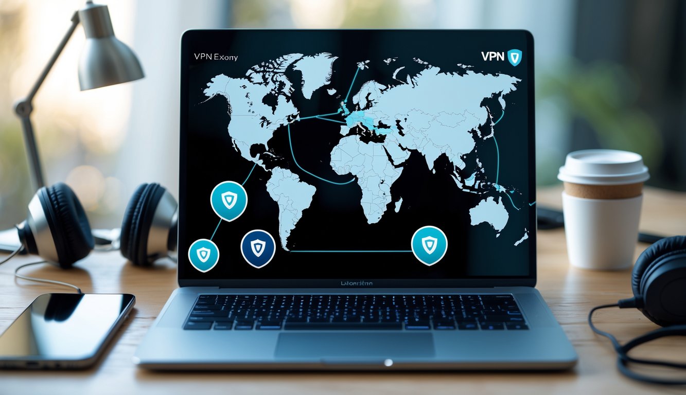 Una scrivania moderna con un laptop che mostra una mappa digitale e icone di connessione sicura, circondata da dispositivi tecnologici e una tazza di caffè.