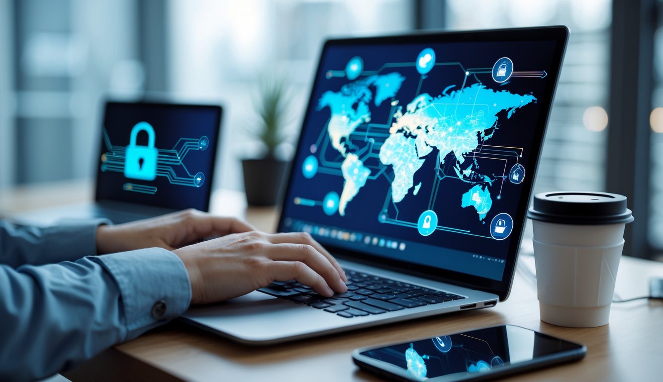 Una scrivania moderna con un laptop che mostra una mappa digitale del mondo con connessioni di rete, mani che digitano sulla tastiera, uno smartphone e una tazza di caffè accanto.