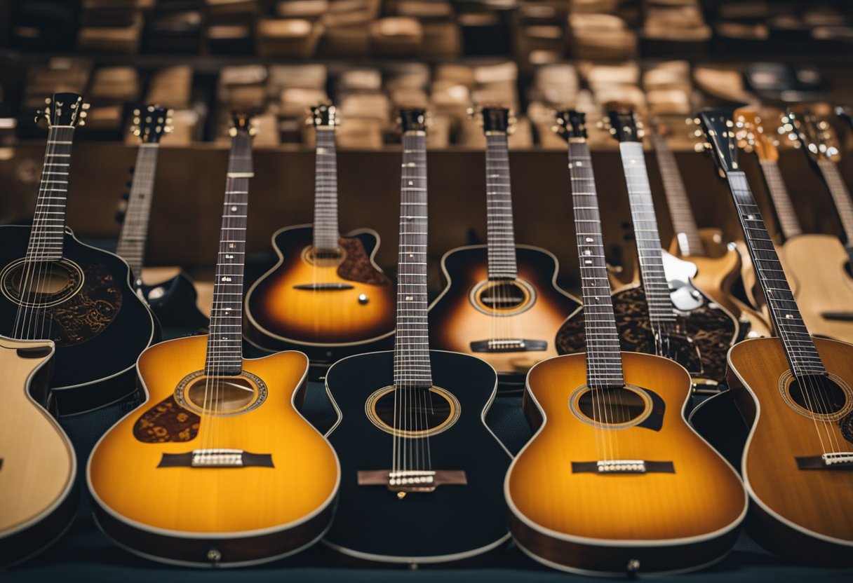 spanish guitars hanging in a row