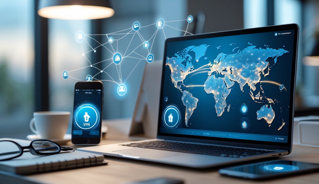 Uno spazio di lavoro moderno con un laptop che mostra una mappa digitale del mondo con connessioni di rete luminose, accanto a dispositivi mobili che indicano connessioni sicure.