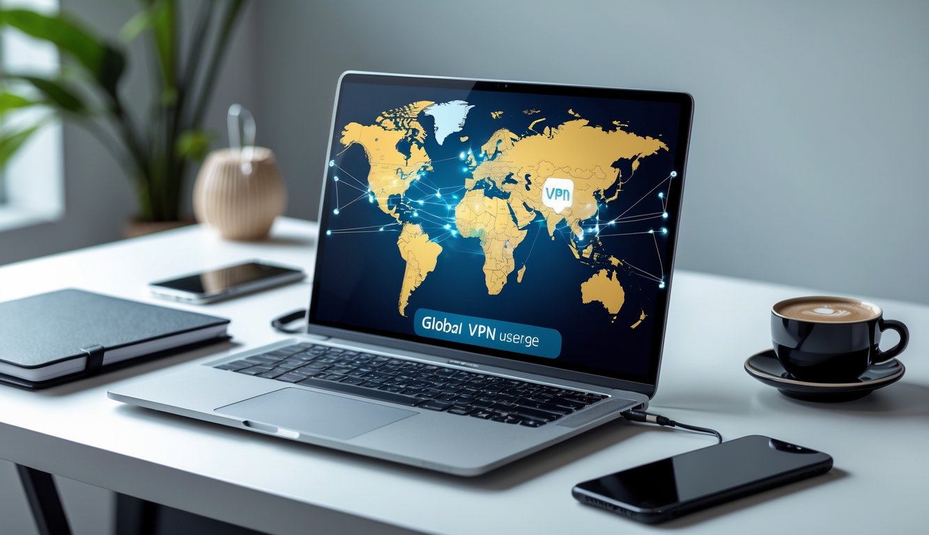 Una scrivania moderna con un laptop che mostra una mappa digitale del mondo con connessioni di rete, insieme a uno smartphone, un taccuino e una tazza di caffè.