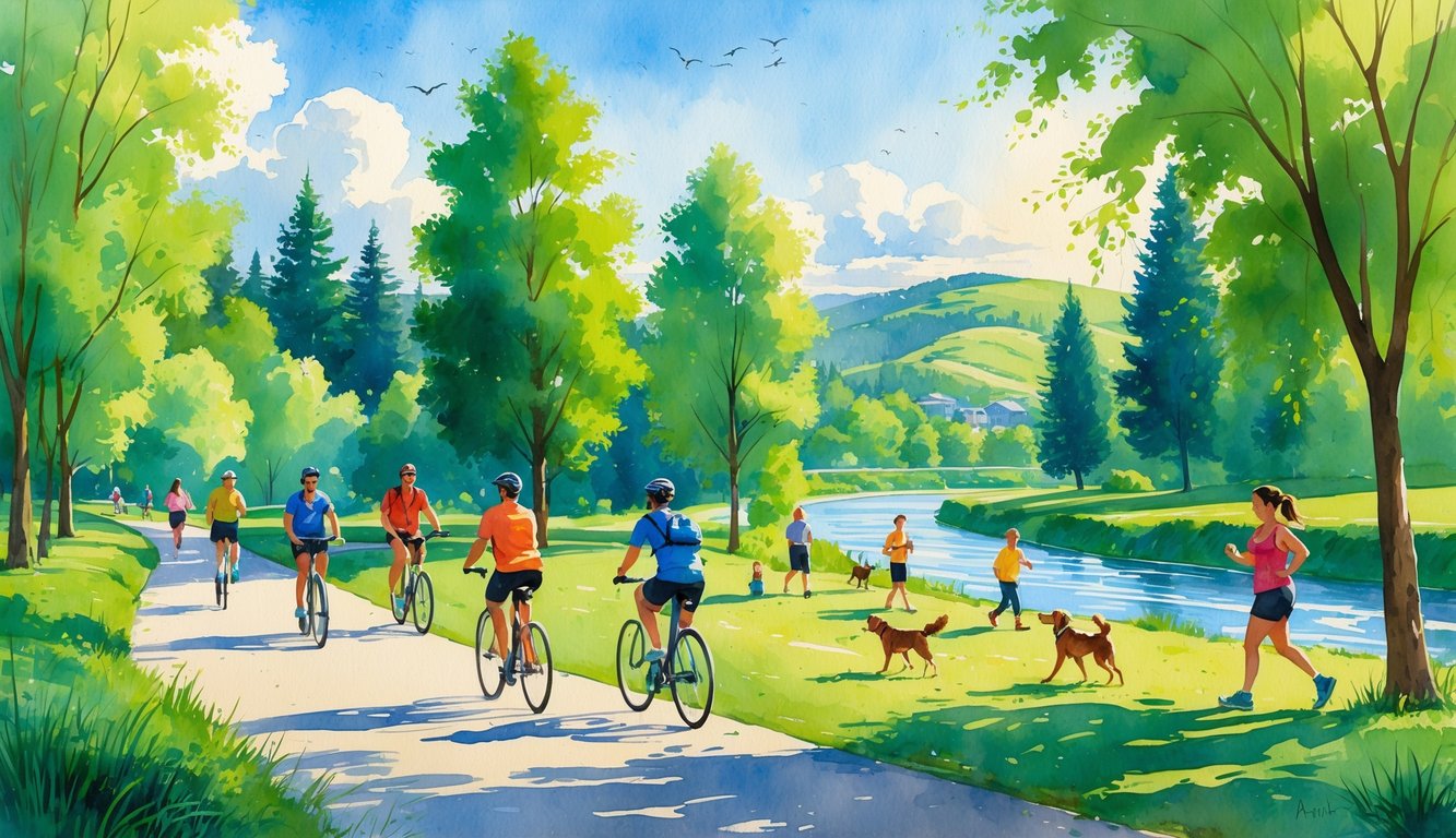 People cycling, picnicking, jogging, and walking dogs in a green park by a river with trees and hills in the background.
