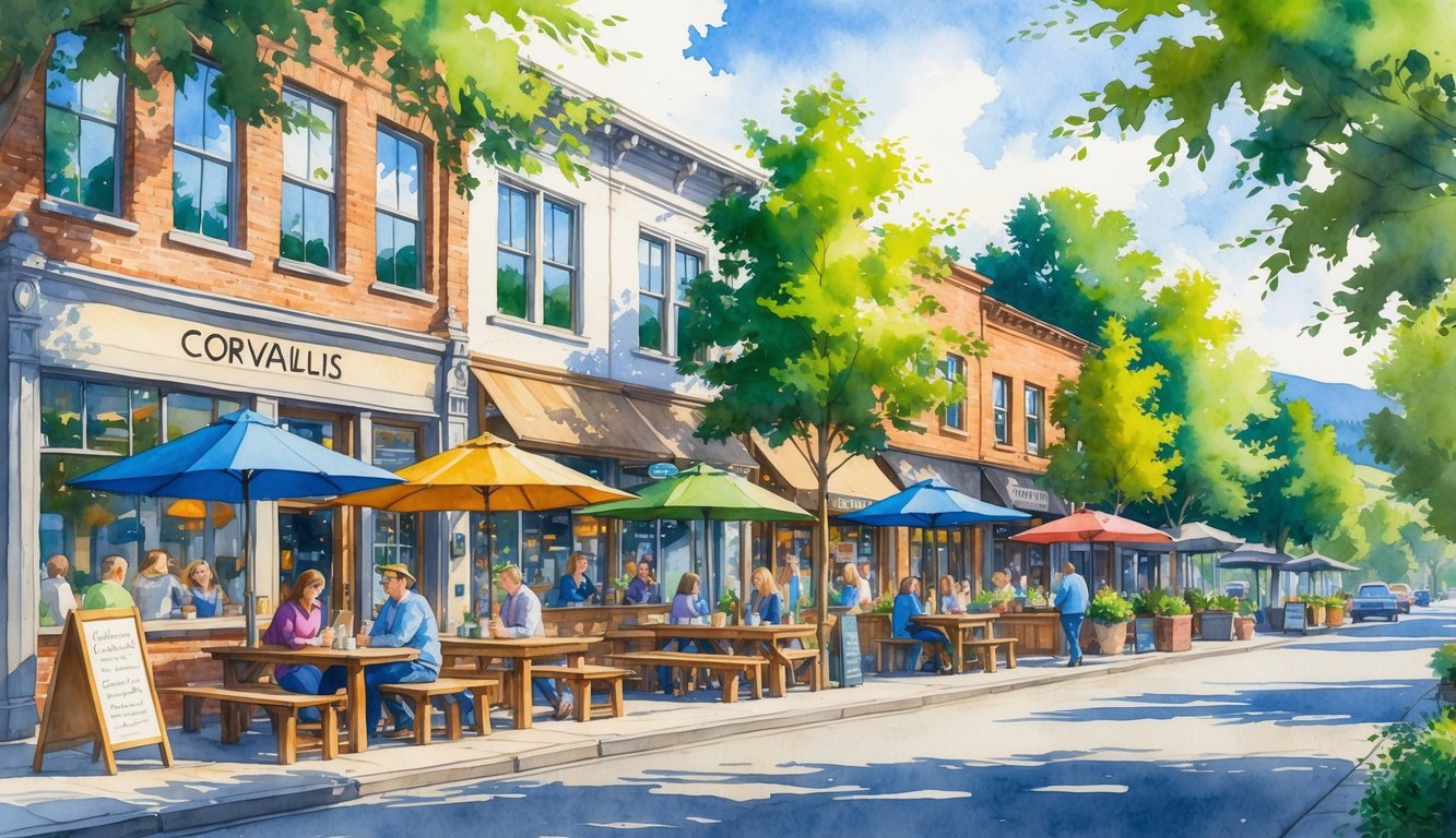 A street in Corvallis with coffee shops, outdoor seating, people enjoying drinks, trees, and hills in the background.