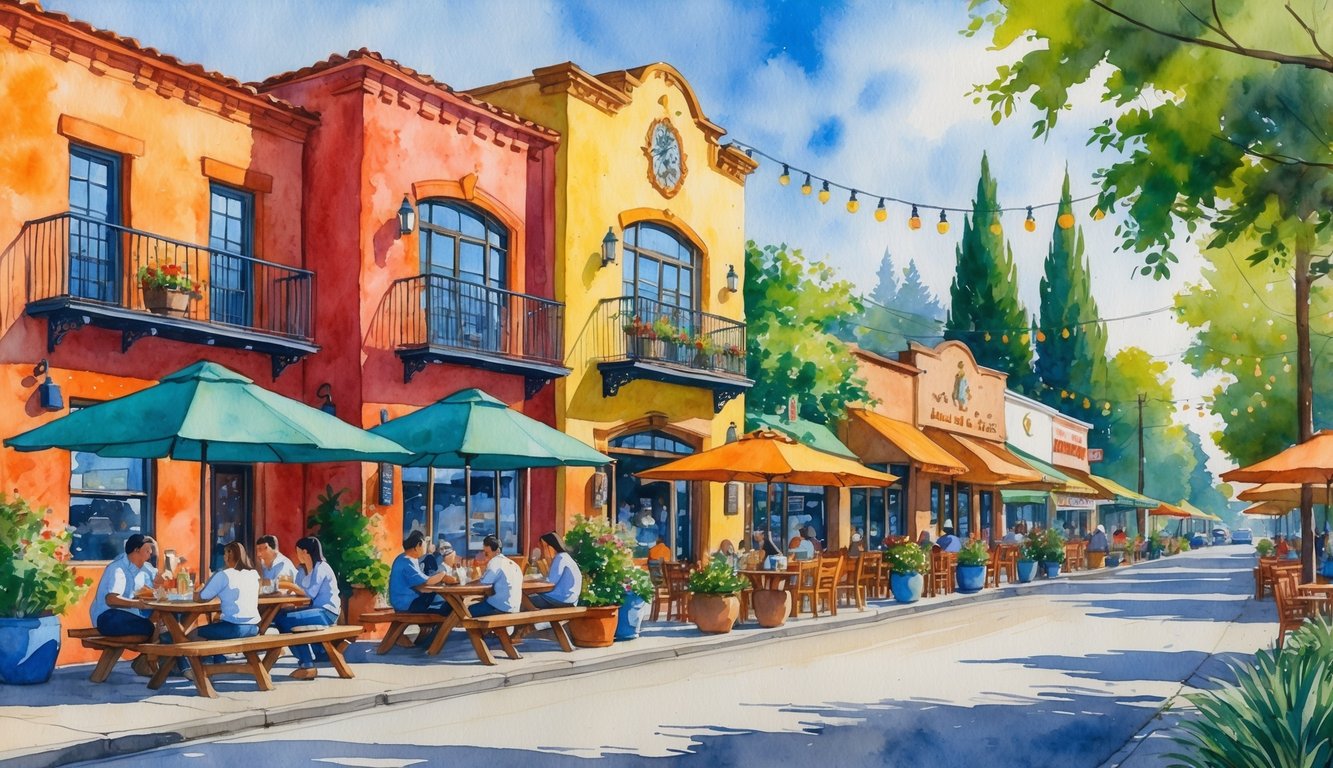 A colorful street with several Mexican restaurants, outdoor seating, and people enjoying meals under string lights and umbrellas.