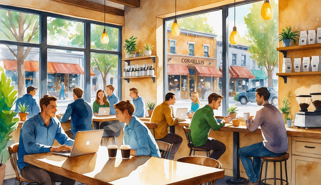 A lively coffee shop in Corvallis with people talking, working, and enjoying coffee at wooden tables near large windows showing a street view.