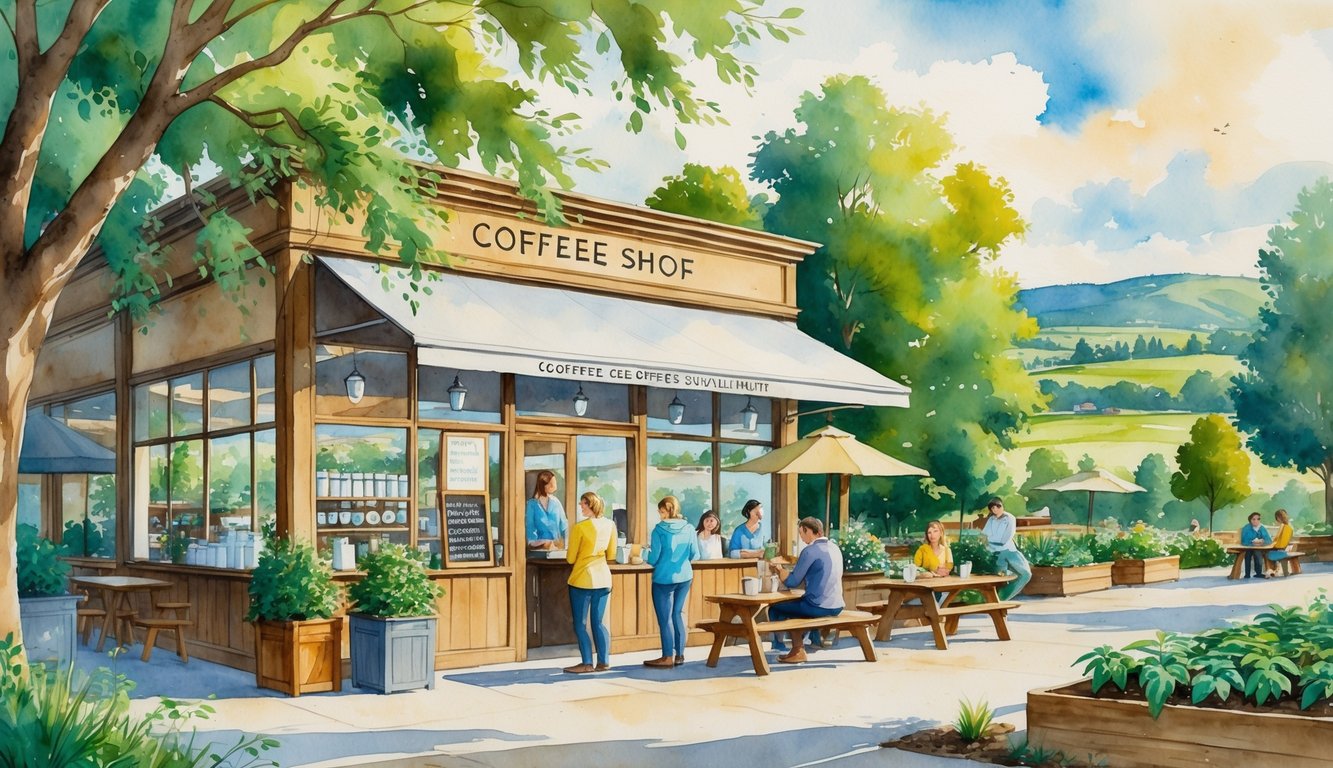 A cozy coffee shop surrounded by trees and a community garden with people enjoying coffee outdoors in a peaceful town setting.