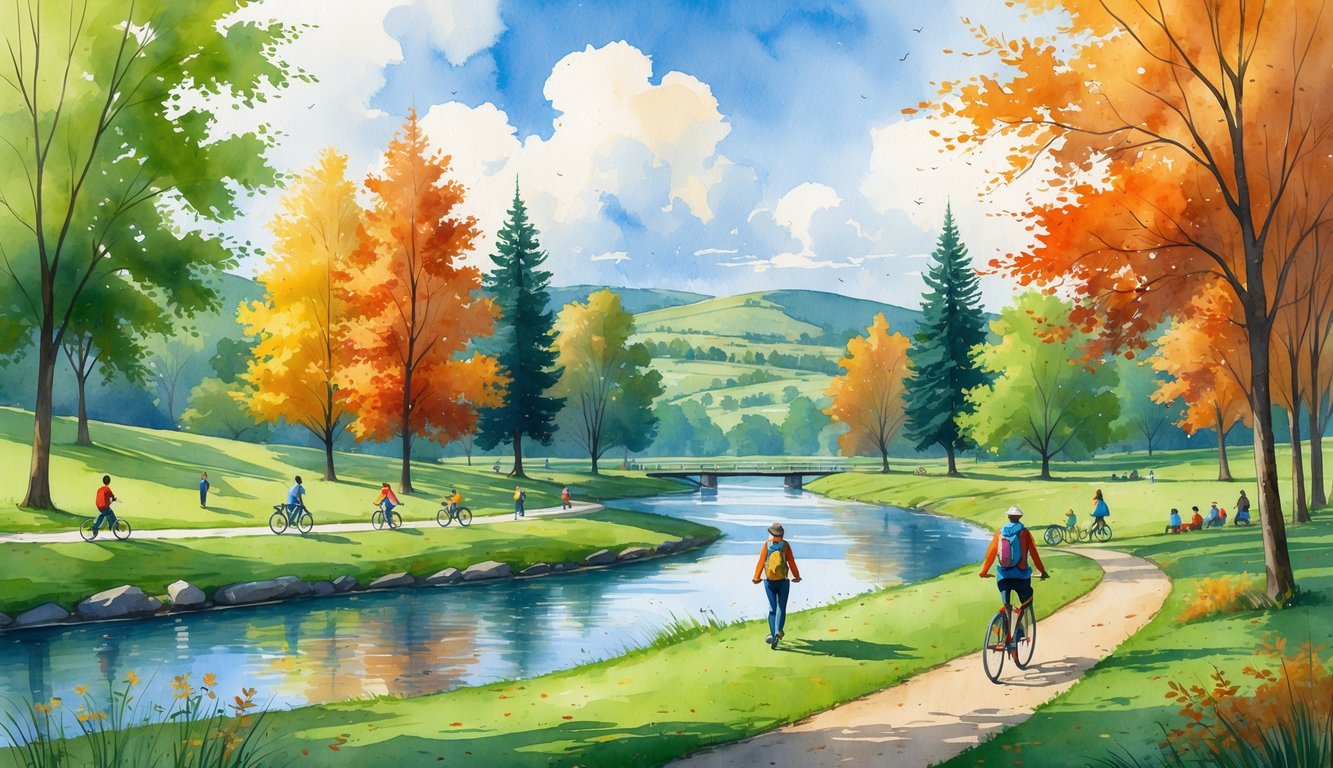 A park with people hiking, biking, and picnicking among colorful trees and gentle hills near a calm river.