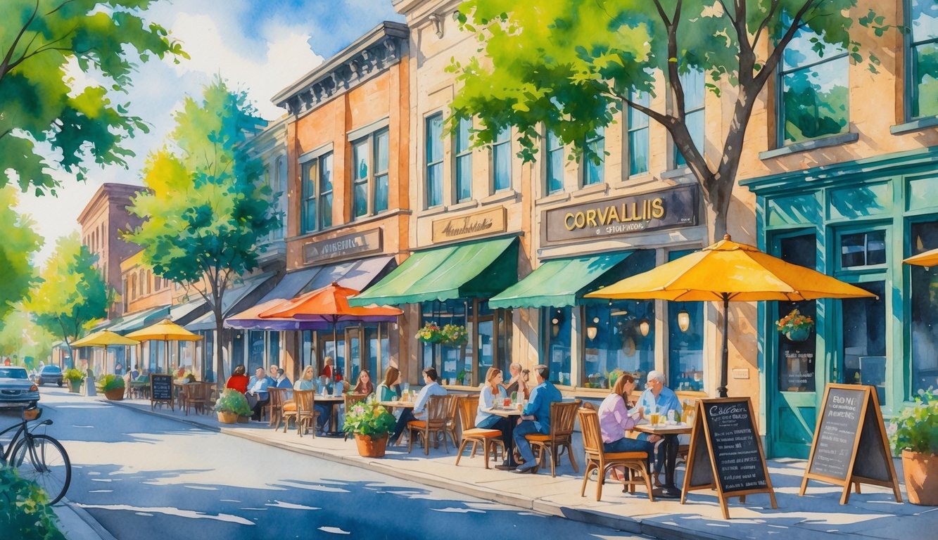 A street scene in Corvallis with several restaurants, outdoor seating, trees, and people dining.