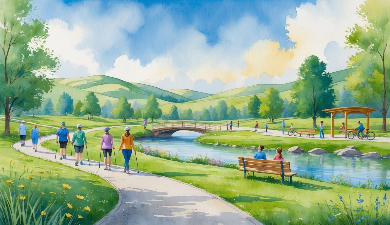 People of different ages and abilities enjoying a safe and accessible outdoor park with paths, hills, a river, and a playground in Corvallis.