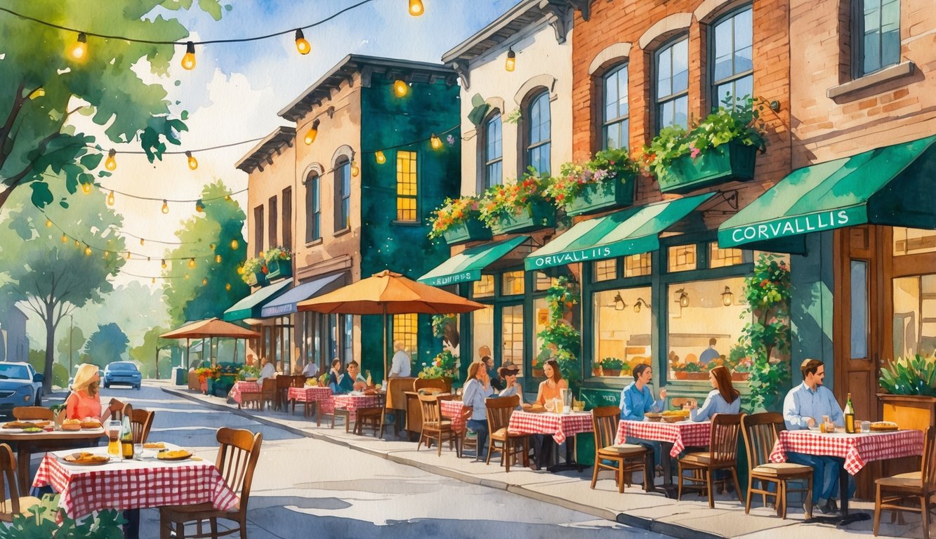 A street in Corvallis with outdoor seating at Italian restaurants, people dining, plants, and warm lights in the early evening.