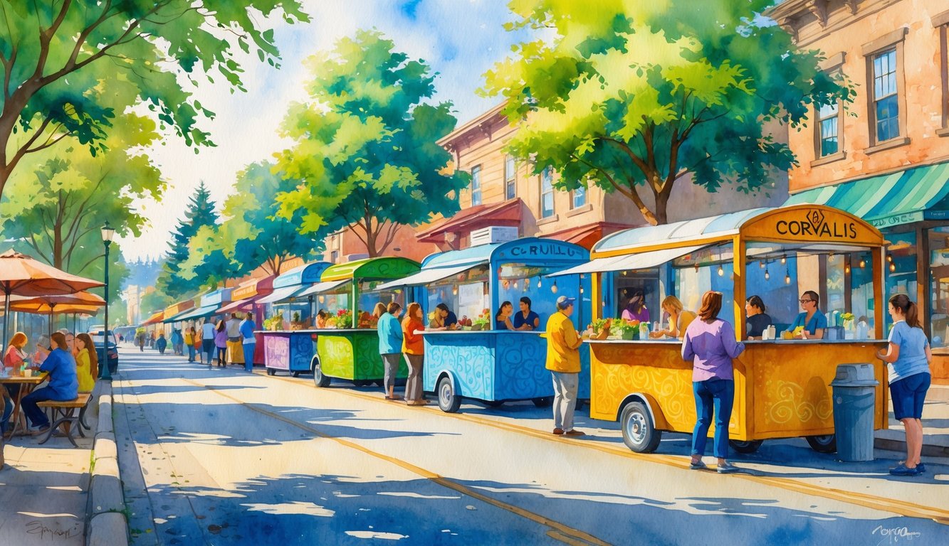 A lively street scene with several food carts and people eating and socializing outdoors in a small town setting.