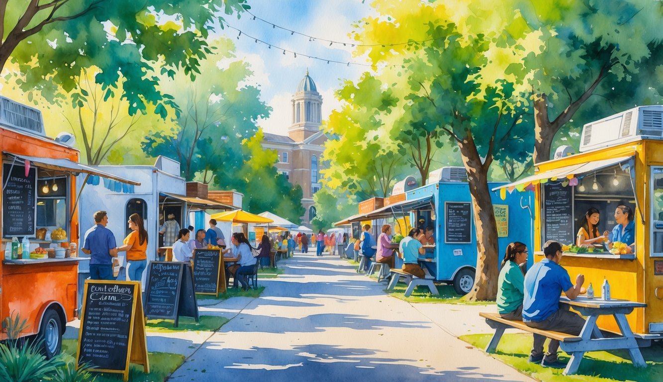A lively outdoor scene showing several food carts with people eating and socializing under green trees on a sunny day in Corvallis.