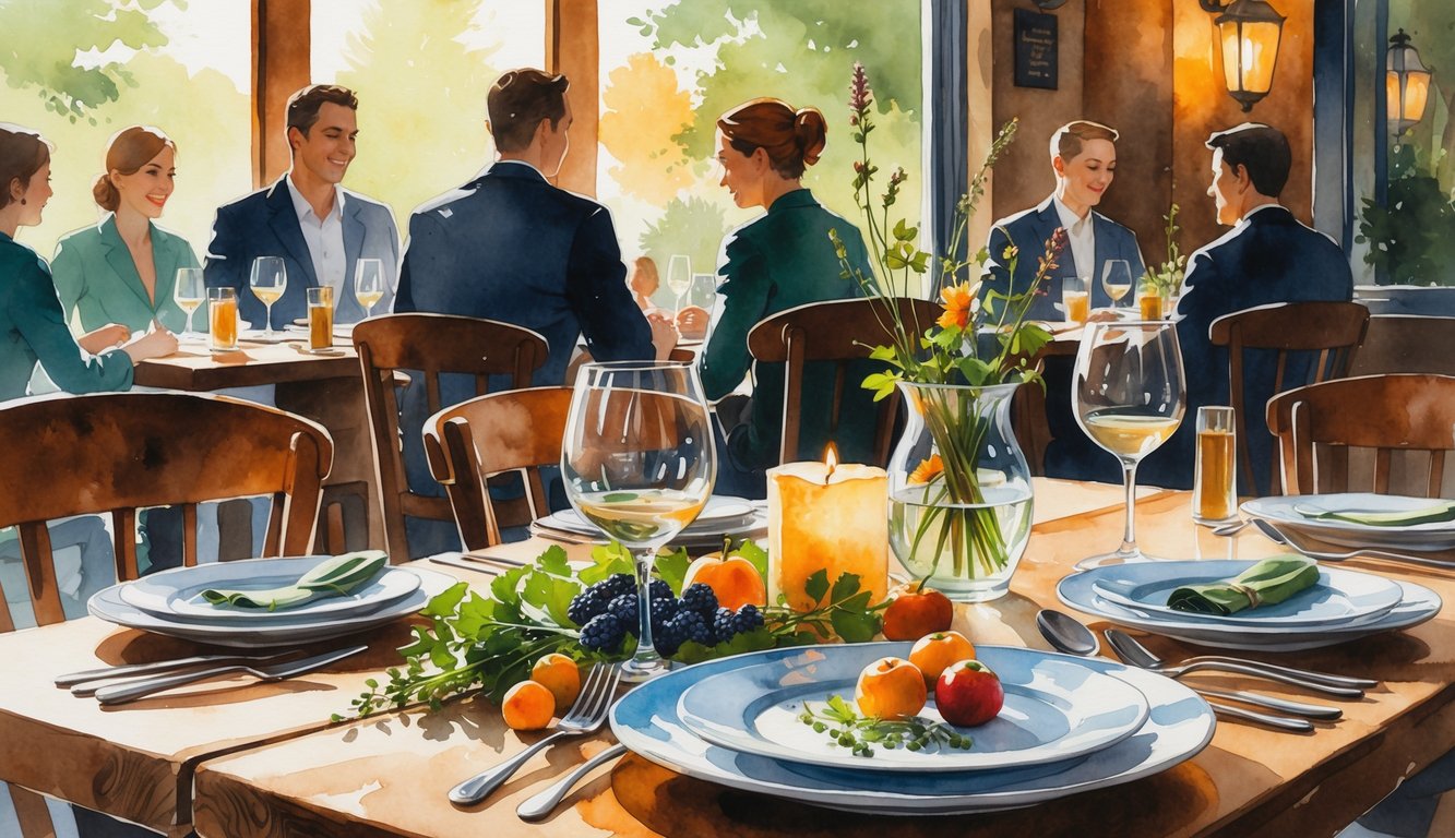 A cozy restaurant table set with plates, silverware, wine glasses, fresh produce, and wildflowers, with diners and waitstaff in the background.