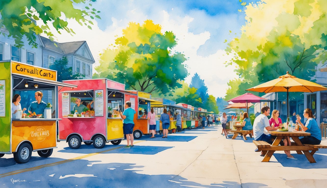 A busy street with several food carts and people eating and socializing outdoors under trees and clear sky.