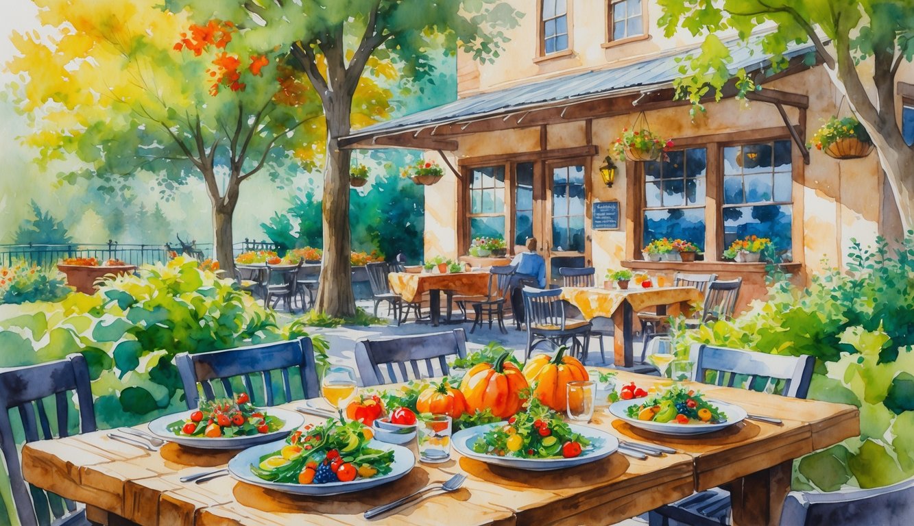 An outdoor restaurant table with fresh seasonal dishes and local produce surrounded by trees and a cozy building in the background.