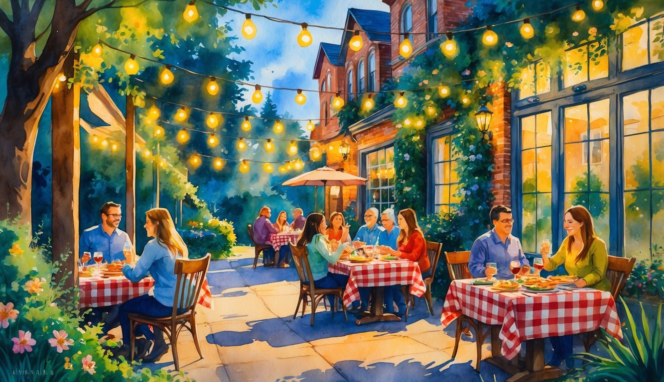 Outdoor dining area with people enjoying Italian food at wooden tables surrounded by greenery and brick buildings at dusk.