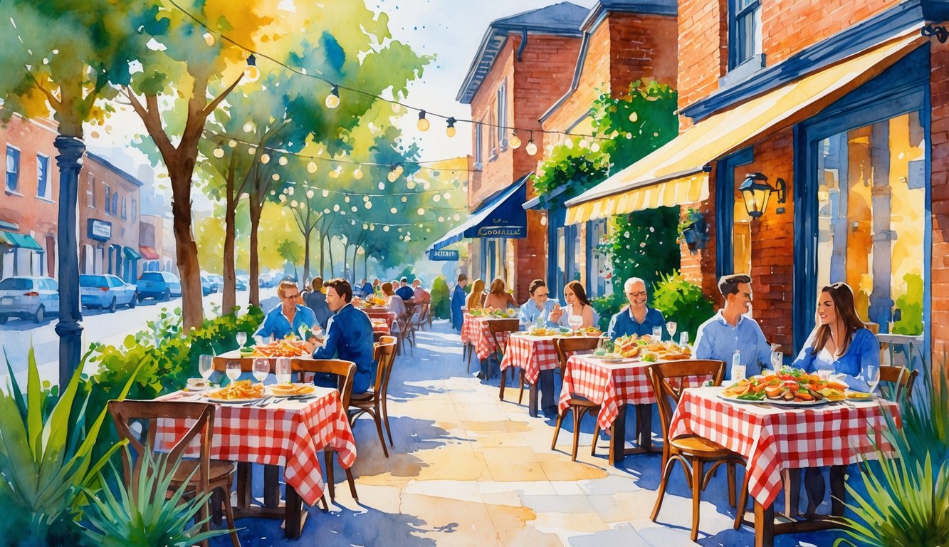 Outdoor dining area of an Italian restaurant with tables set for a meal, people enjoying food, surrounded by plants and warm lighting.