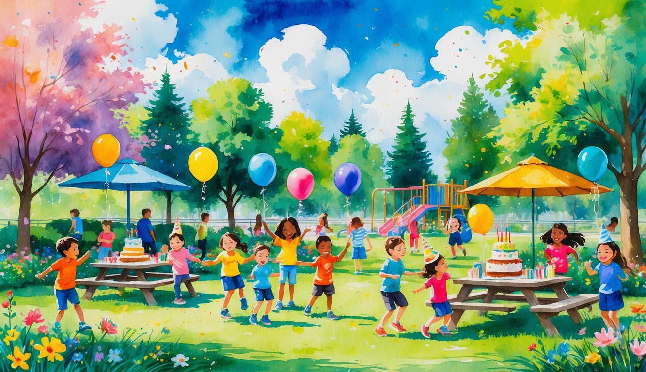 Children playing and celebrating a birthday party outdoors in a park with trees, balloons, and playground equipment.