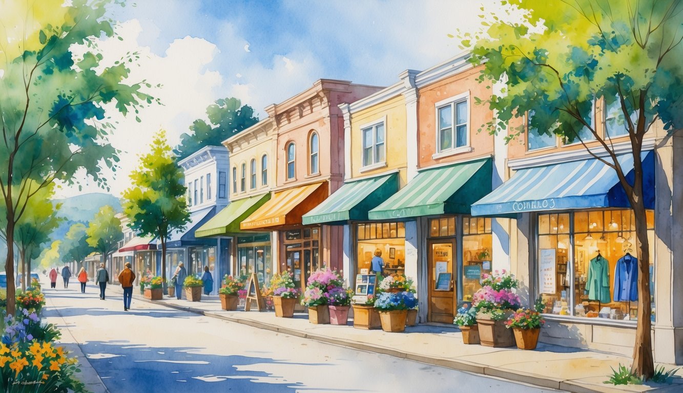 A lively street in Corvallis with small shops, people walking on sidewalks, and trees lining the street.
