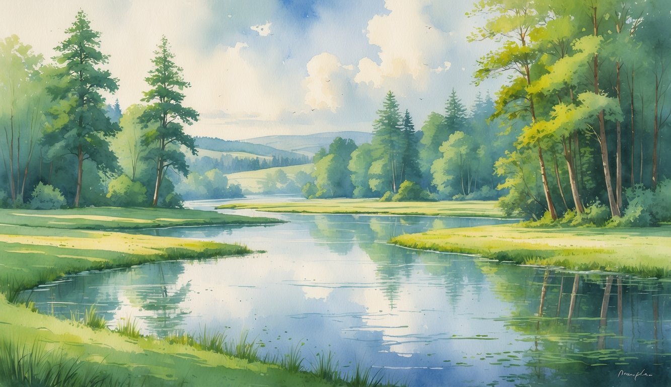 A peaceful landscape with rivers, lakes, ponds, trees, and hills near Corvallis.