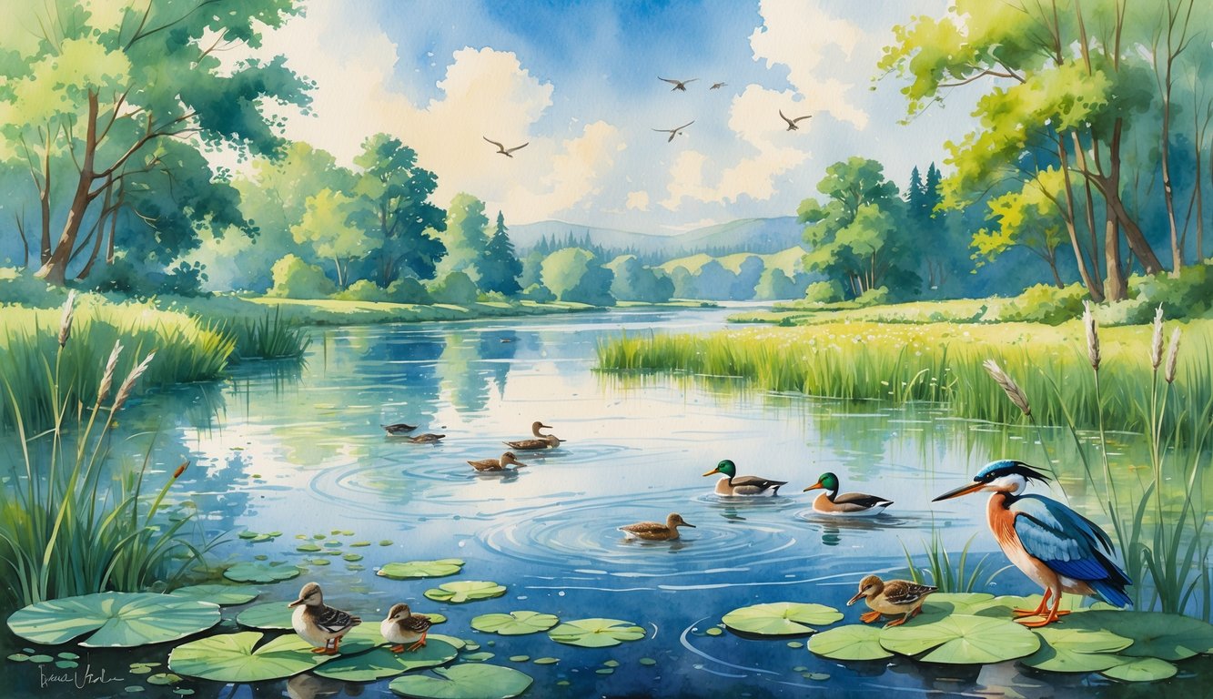 A peaceful natural scene showing a river, lake, and pond surrounded by trees, plants, birds, and aquatic animals near Corvallis.