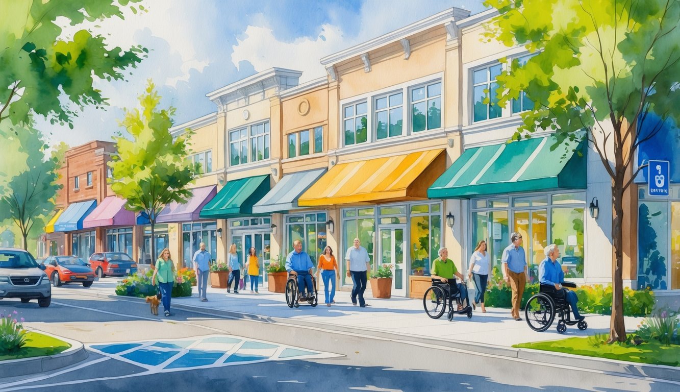 A busy shopping street in Corvallis with accessible ramps and designated parking spaces, showing people of various abilities enjoying the area.