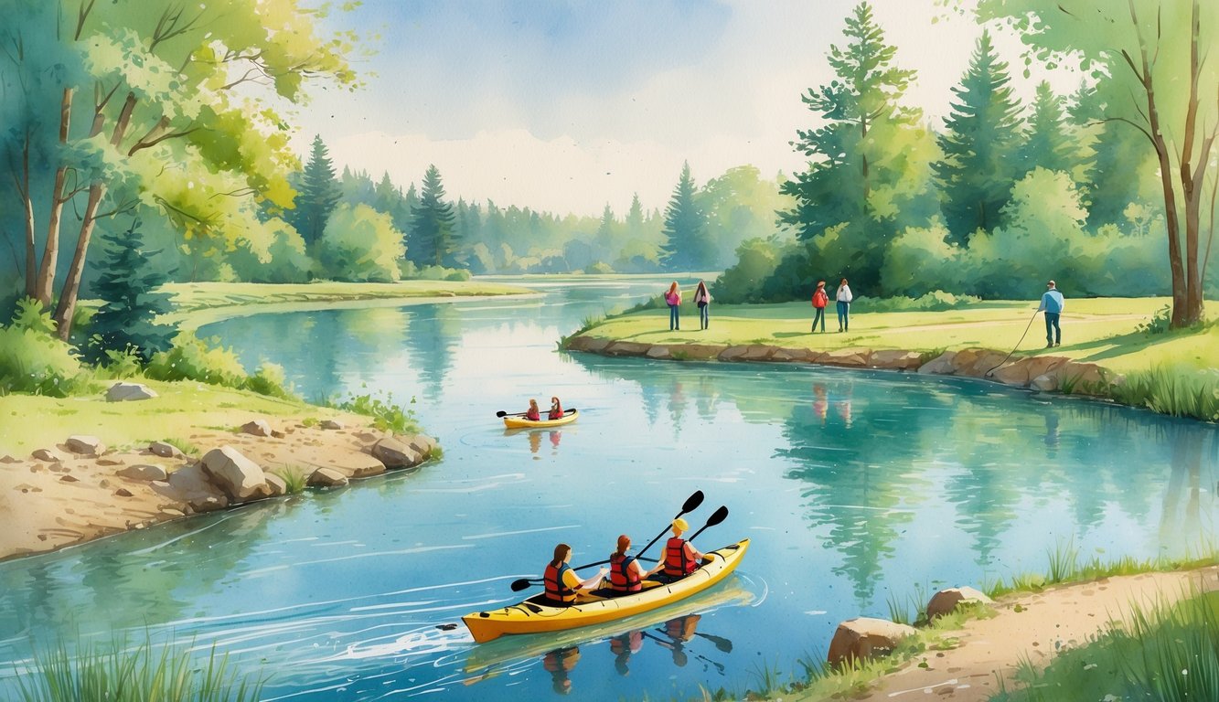 A peaceful outdoor scene near a river, lake, and pond with people kayaking, fishing, and walking along trails surrounded by trees.
