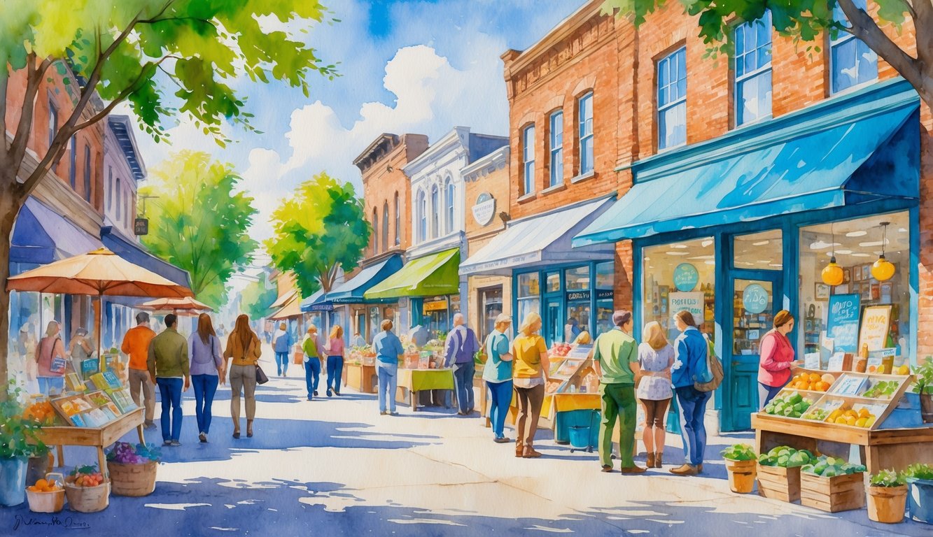 A lively downtown street in Corvallis with people shopping at outdoor stalls and small local shops surrounded by trees and historic buildings.
