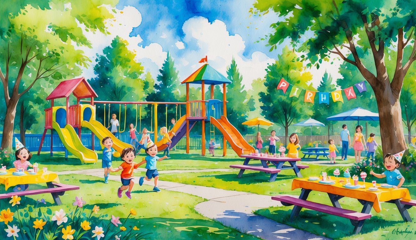 Children playing and celebrating at a colorful outdoor birthday party venue with playground equipment, picnic tables, and trees under a sunny sky.