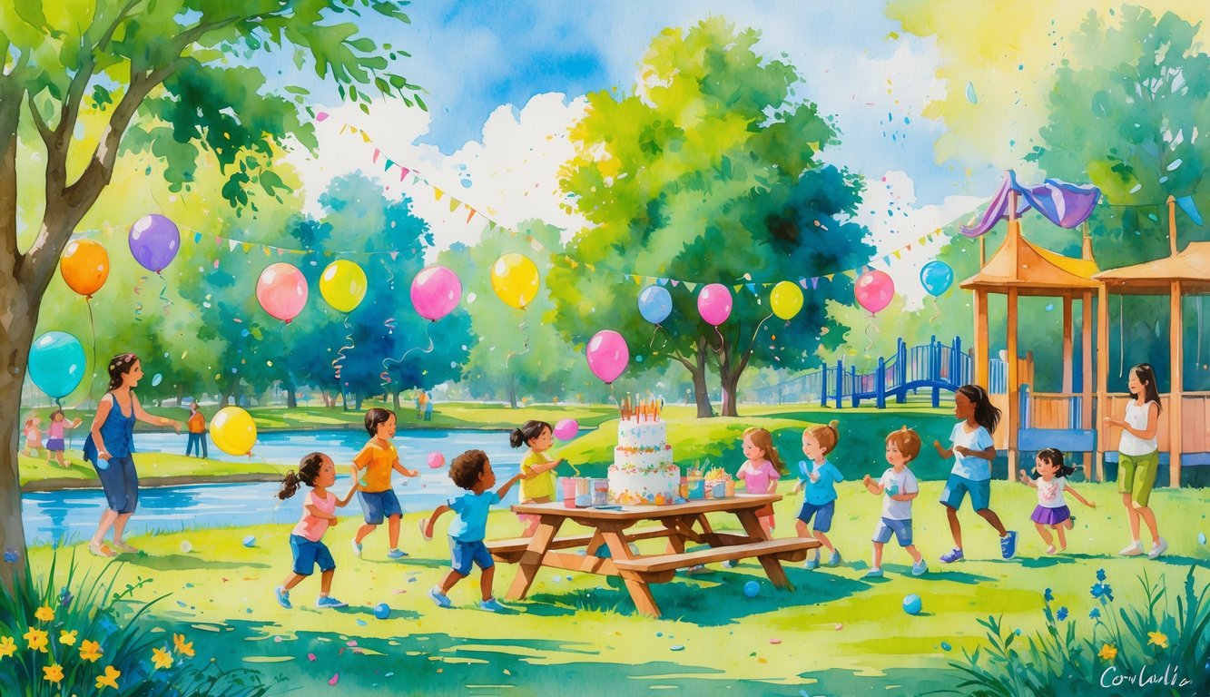 Children and parents enjoying a lively birthday party outdoors in a park with trees, balloons, and playground equipment.