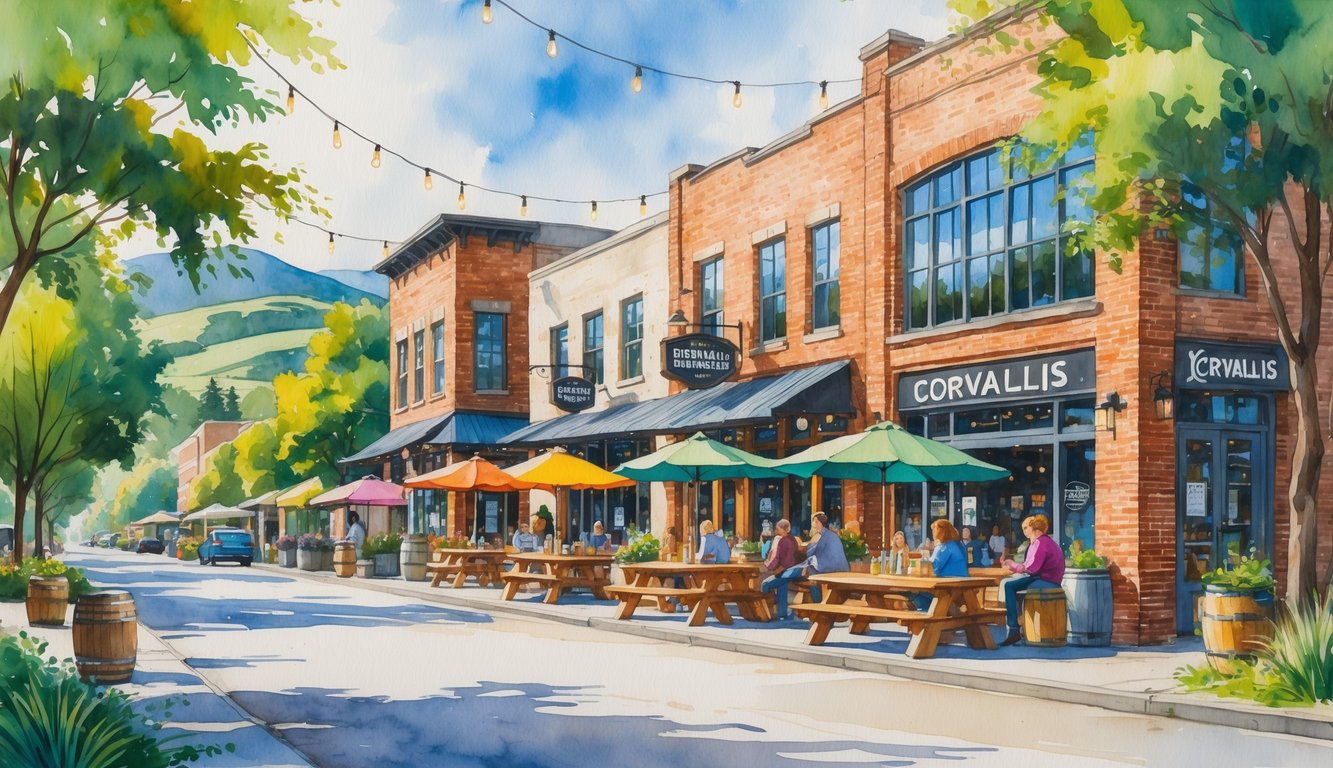A street scene in Corvallis showing several breweries with outdoor seating, trees, and hills in the background.