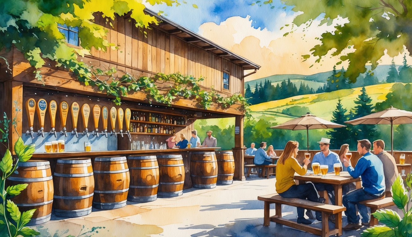 A cozy brewery interior with people enjoying craft beer, wooden barrels, and taps, set against a green landscape with hills in the background.