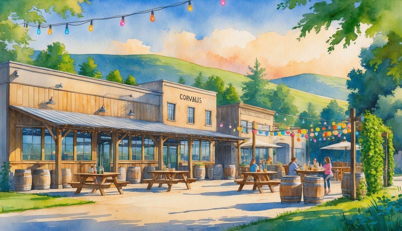 A small town brewery patio with people enjoying drinks, surrounded by rustic buildings and green hills in the background.