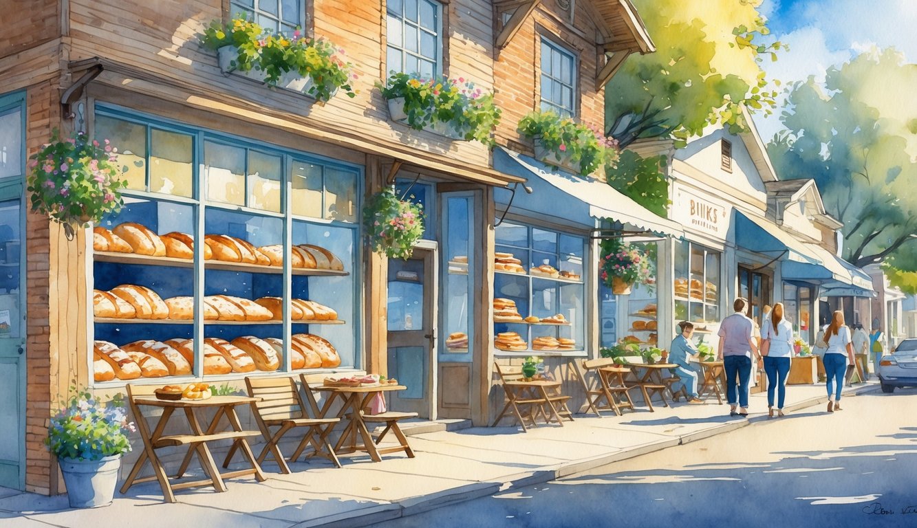 A street scene showing bakery storefronts with baked goods in the windows, outdoor seating, people walking and sitting, trees, and a clear sky.