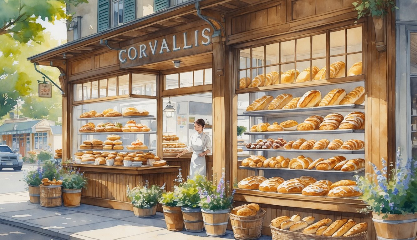A cozy bakery storefront in a small town with breads and pastries displayed in the window and a baker arranging goods inside.