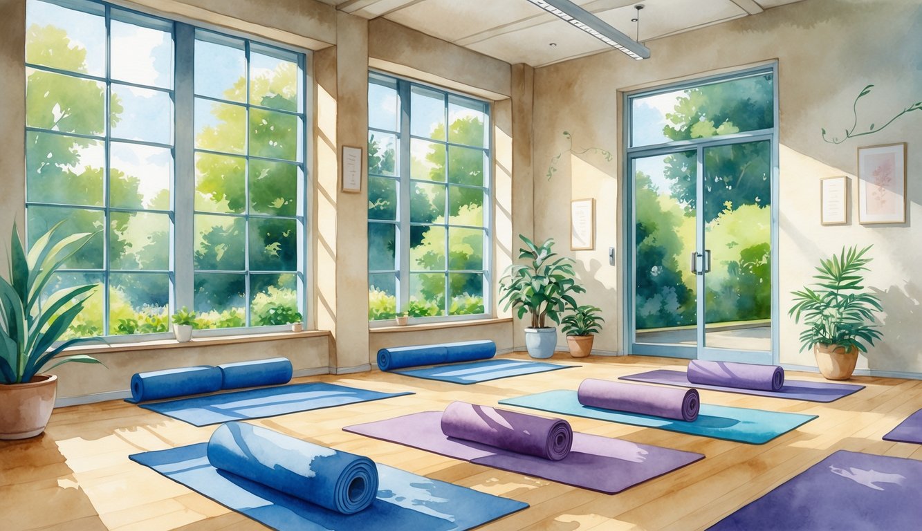 Interior of a calm yoga studio with wooden floors, yoga mats, plants, and large windows showing green trees outside.