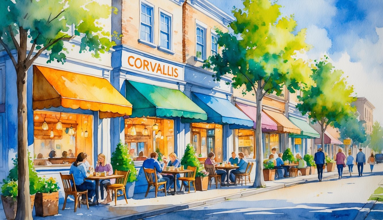 A lively street in Corvallis with pizza restaurants, outdoor seating, people dining and walking, surrounded by trees and buildings.