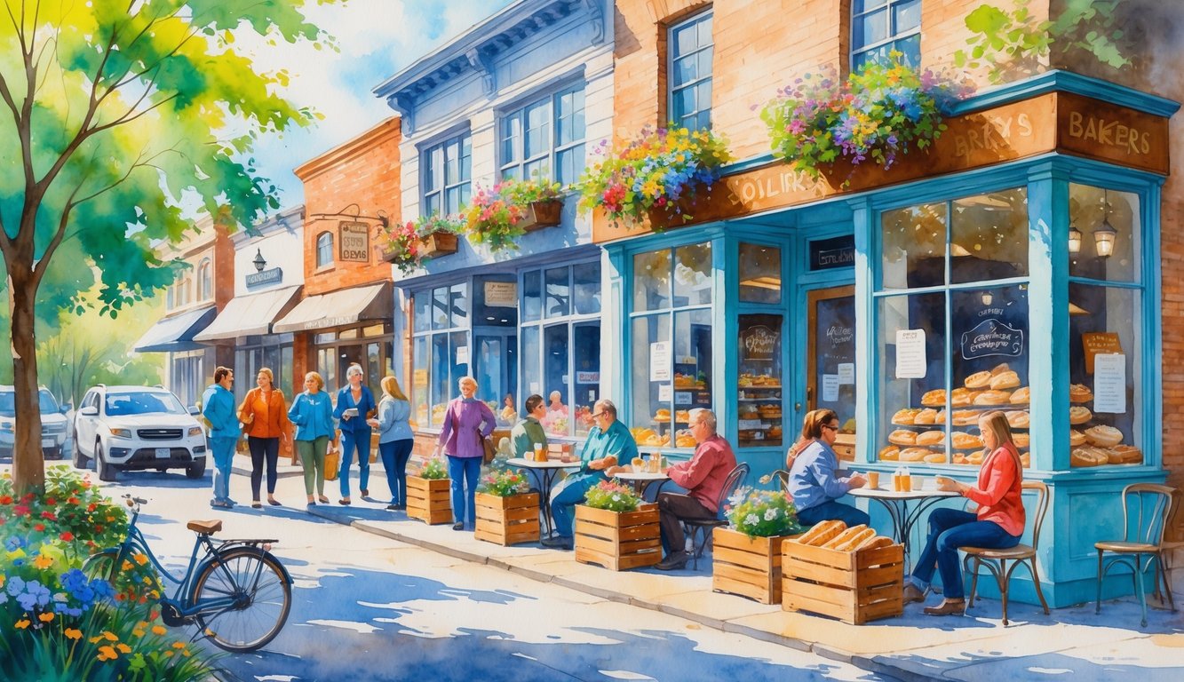 People enjoying baked goods and coffee outside bakeries on a sunny street in a friendly neighborhood.